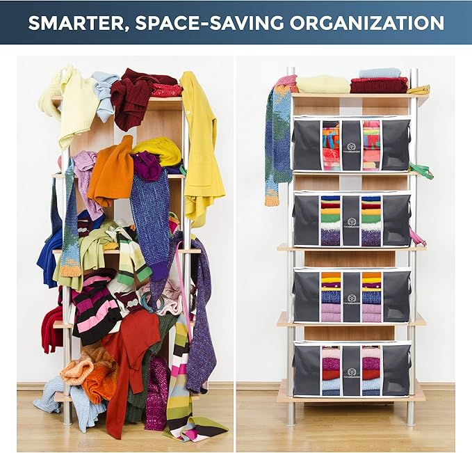 Clothes Storage Bag Organizer for, Blankets, Clothing, Comforters and Bedding Sets - Stackable with Zippers - Clear Window - 3 Pack Grey-NeatNest