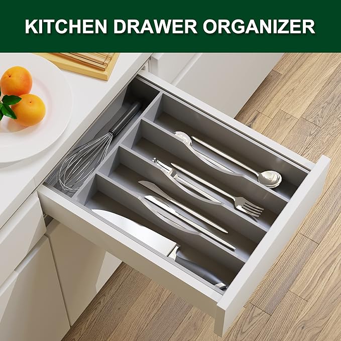 Bellsal Grey Utensil Organizer 10 Inch Silverware Tray for Drawer Utensil Holder Cutlery Organizer Kitchen Drawer Organizer 5 Compartment Small Narrow Bamboo-NeatNest