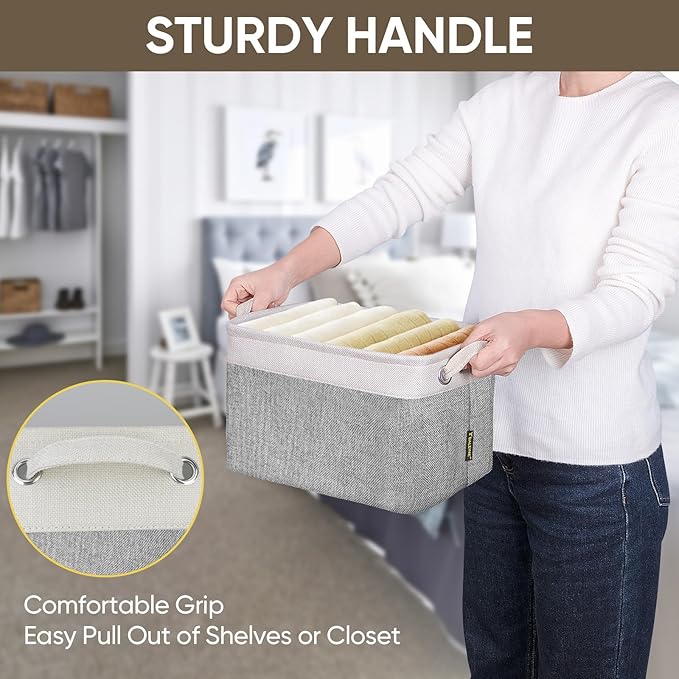 BALEINE 2 Pack Fabric Storage Bins for Shelves, Linen Storage Baskets for Organizing, Decorative Closet Bins for Clothes, Home (Grey, 12"x8"x8")-NeatNest