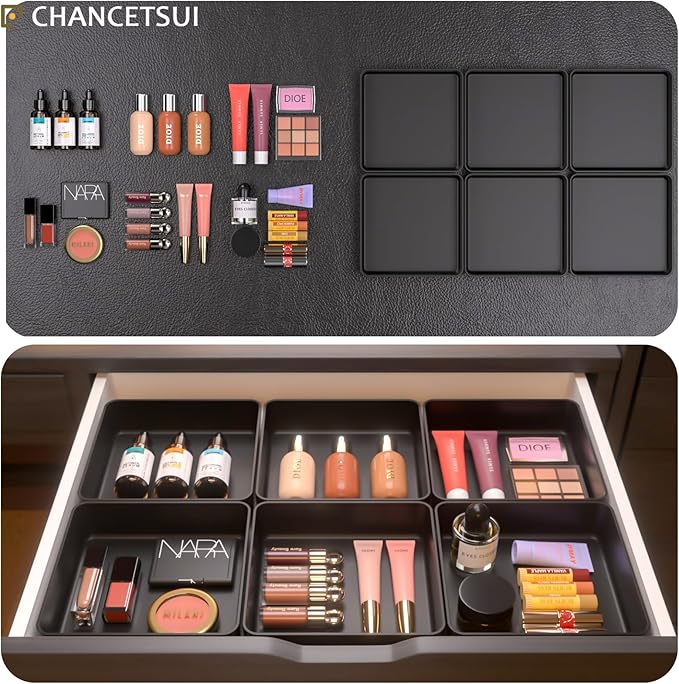 CHANCETSUI Black Stackable Vanity Organizer Trays: Thick Makeup Holder for Countertop, Shallow Drawers-NeatNest