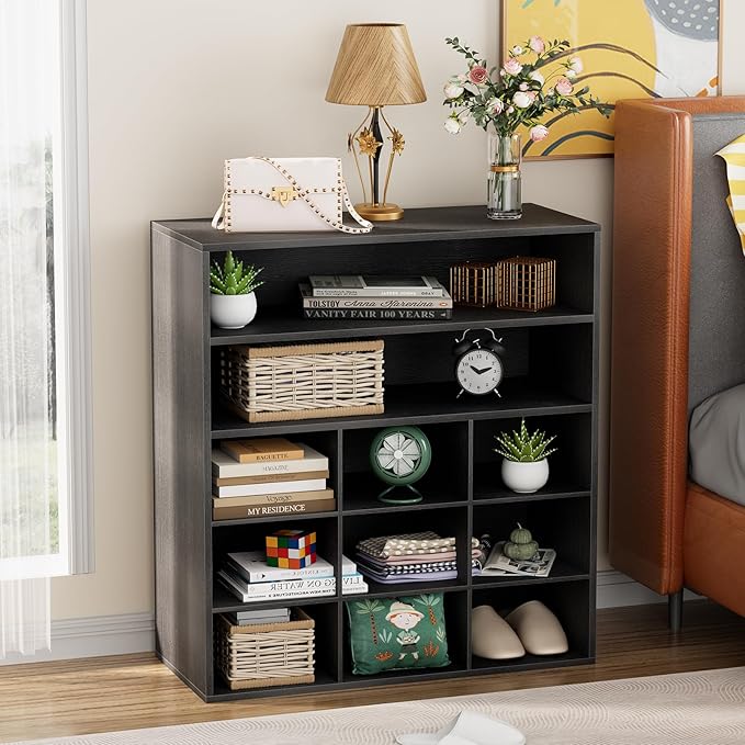 Garden 4 you Shoe Rack Organizer, 5-Tier Wood Cubby Shoe Rack with 2 Storage Shelf and 9 Cubbies, Shoe Organizer Cabinet for Entryway, Hallway, Closet and Garage,Black-NeatNest