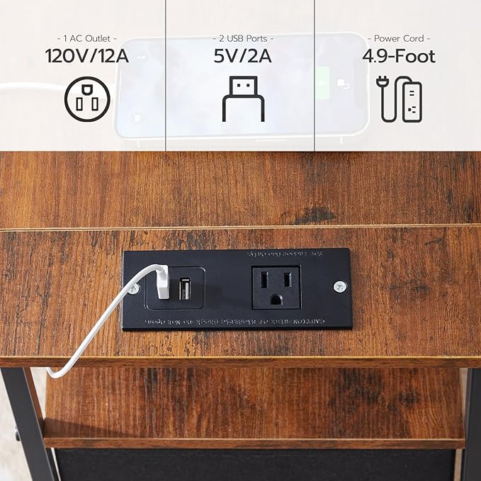 HOOBRO Narrow Side Table Set 2 with LED Light and USB C Port, Night Stand with Charging Station, Skinny End Table with 2 Fabric Drawers, for Bedroom, Living Room, Rustic Brown and Black BF486UDBZP201