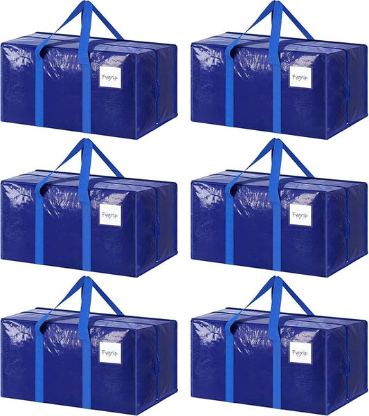 6 Pack Extra Heavy Duty Large Moving Bags with Strong Zipper & Comfortable Handles, Sturdy & Durable Clothes Storage Bags Totes Bins, Packing Moving Boxes for College Supplies, Blue-NeatNest