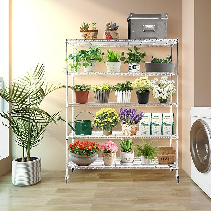 BNSPLY Commercial Wire Shelving Unit with Wheels, 5 Tier Adjustable Wire Shelves with NSF Certified, Heavy Duty Metal Storage Rack Shelf Unit for Kitchen, Garage (17.7" D x 59" W x 71" H, Chrome)-NeatNest