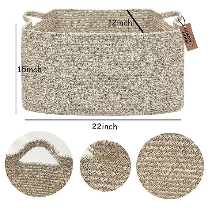 COMFY-HOMI Large Rectangular Blanket Basket, Woven Cotton Rope Baskets for Storage, Laundry Hamper Basket, Storage Bin,Toy Organizing Bin with Handle, Organization and Storage-22x15x12”-Brown-NeatNest