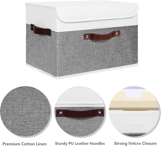 ANMINY 2PCS Storage Boxes with Lid Washable Decorative Storage Bins Basket with PU Leather Handle Foldable Linen Fabric Storage Cubes Containers for Home Closet Organizer - Gray White, Large Size-NeatNest