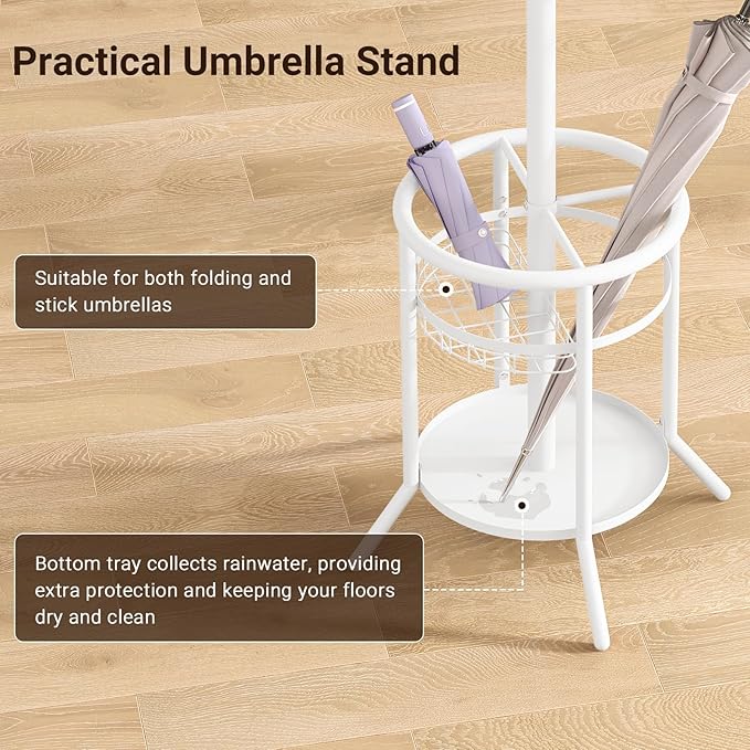 ELYKEN Coat Rack Freestanding, Metal Coat Rack Stand with Umbrella Holder, Modern Coat Tree with 12 Hooks, Floor Standing Corner Hall Tree for Entryway Living Room Bedroom Office, White-NeatNest