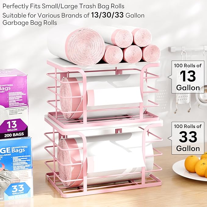 2 Pack Extra Large Stackable Pantry Storage with Bamboo Top,Wall Mount Trash Bag Dispenser Roll Holder for Kitchen Pantry Laundry Room,Pink-NeatNest