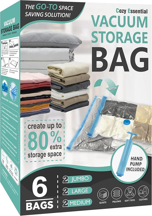 6 Pack Vacuum Storage Bags, Space Saver Bags (2 Jumbo/2 Large/2 Medium) Compression Storage Bags for Comforters and Blankets, Vacuum Sealer Bags for Clothes Storage, Hand Pump Included-NeatNest
