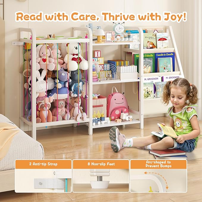 B1 Kids Bookshelf and Toy Storage, 3-Tier Book Shelf for Kids Rooms, Sling Baby Bookcase with Stuffed Animal Storage, Montessori Toddler Bookshelf for Nursery, Bedroom, Playroom, White