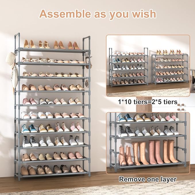 VTRIN 10 Tiers Shoe Rack Tall Large Capacity 50 Pairs Wide Shoe Organizer Sturdy Shoe Shelf for Entryway with Two Hooks Metal Shoe Storage for Closet, Bedroom, Grey-NeatNest
