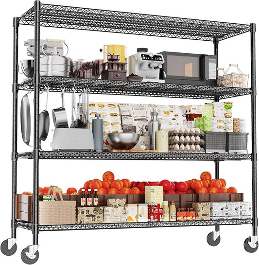GIOTORENT 4-Tier Heavy Duty Storage Shelves with Wheels, 59.6" W x 24" D x 76.2" H, 2000LB Capacity Mobile Metal Shelving Unit, 1IN Adjustable Height for Garage & Warehouse, Black