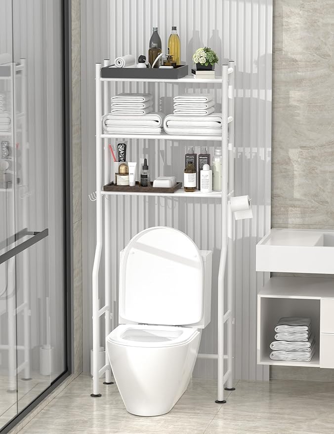 3-Tier Over The Toilet Storage, Freestanding Metal Bathroom Shelves with 4 Hooks, Over Toilet Storage Shelf with Paper Holder, Above The Toilet Shelf for Bathroom Storage, White-NeatNest