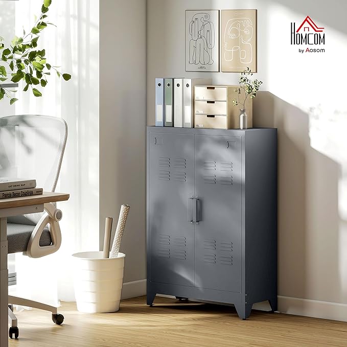 HOMCOM Industrial Storage Cabinet, Steel Garage Cabinet with Double Doors and Adjustable Shelves, Grey
