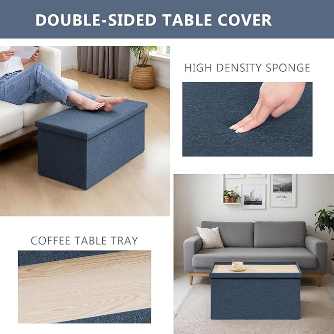 30 Inch Folding Storage Ottoman with Reversible Lid Coffee Table, Linen Fabric Multi-Functional Foot Rest & Seat for Living Room, Bedroom Dark Blue
