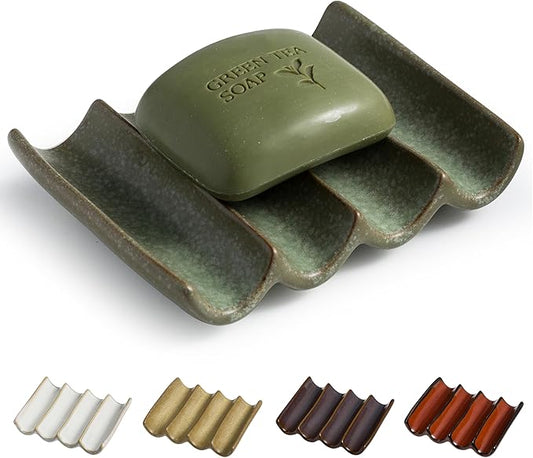 Draining Ceramic Soap Dish - Fluted Design, Bar Soap Holder for Shower & Bathroom, Soap Saver Sponge Lift, Green-NeatNest