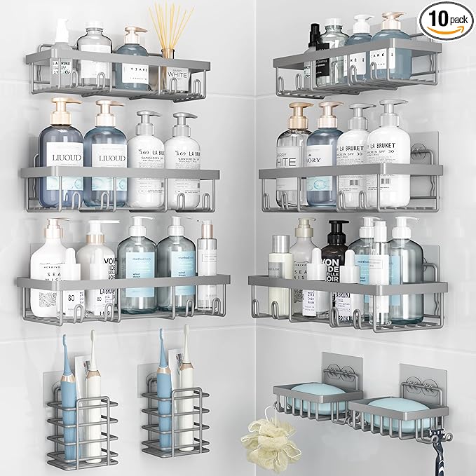 10 Pack Shower Caddy Organizer Rack Shelf for Inside Shower, Self Adhesive Wall Storage Basket Rustproof Stainless Steel Shampoo Holder Bathroom Accessory Decor Set, Grey-NeatNest