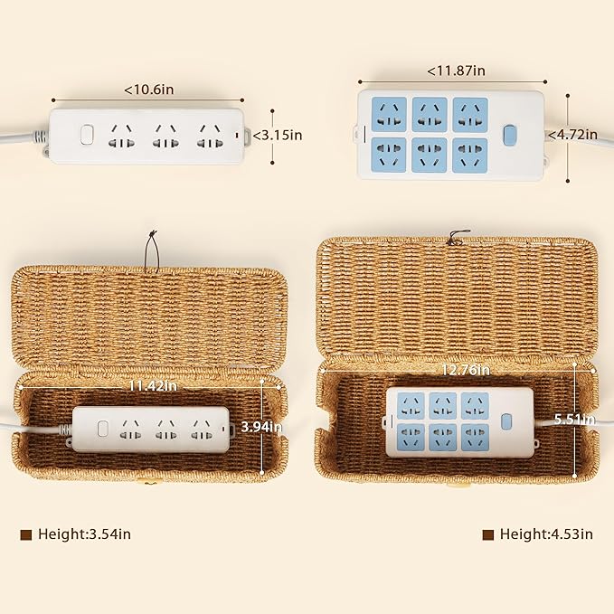 Cable Management Box, Handwoven Faux Rattan Cord Organizer Box with Lid, 2 Open Slots Cable Organizer Box, Decorative Cord Hider Box for Tv Computer USB Hub & Power Strip Holder Box