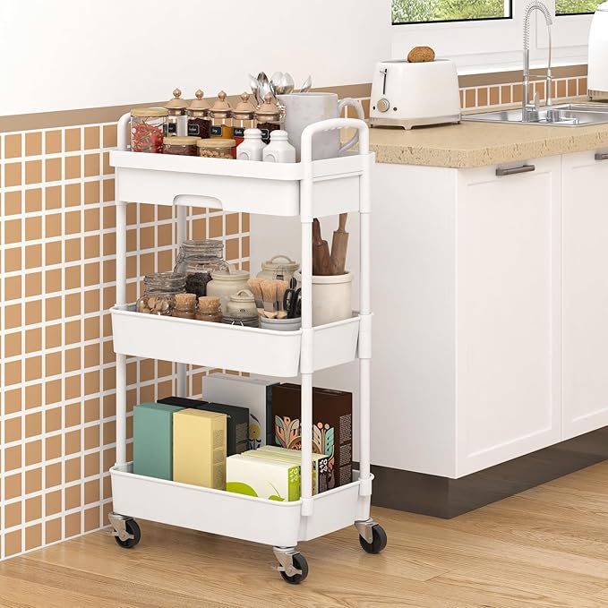Dttwacoyh 3-Tier Rolling Cart，Trolley with Drawer, Multifunctional Storage Organizer with Plastic Shelf & Metal Wheels, Kitchen Storage Cart for Living Room, Kitchen, Office, Bathroom, White