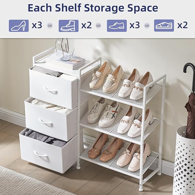 Somdot Shoe Rack, 3 Tier Shoe Organizer with 3 Drawers, Metal Shoe Storage Shelf for 6-9 Pairs of Shoes, Narrow Shoe Rack for entryway, White Leather-NeatNest