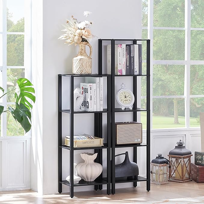 4 Tier Tall Wooden Bookshelf with Storage - Small Bookcase for Small Spaces, Shelf for Living Room, Office, Bedroom, Kitchen - Industrial Modern Black Book Shelf