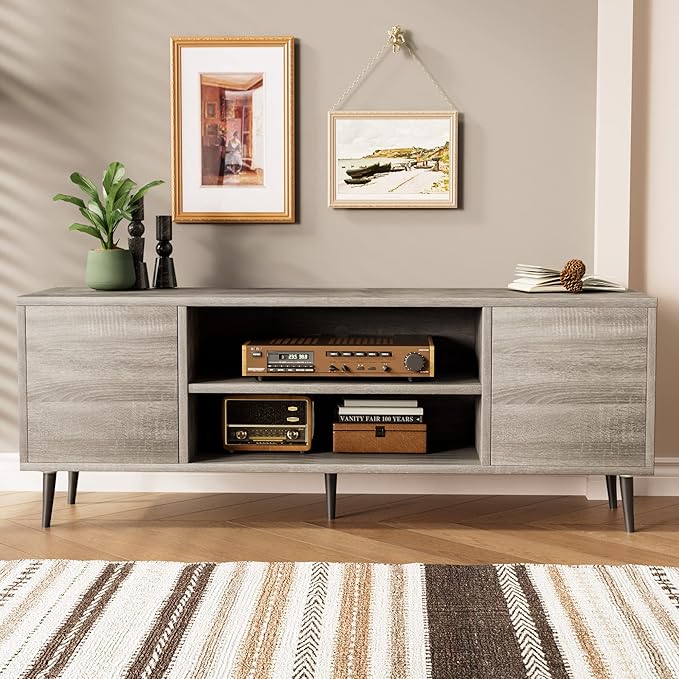 JUMMICO TV Stand for 65 Inch TV, Mid Century Modern TV Stand, Entertainment Center with Storage Cabinet and Open Shelves, TV Console Table Media Cabinet for Living Room, Bedroom and Office (Gray)-NeatNest