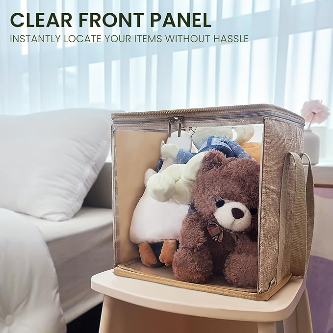 holay 2 Pack Storage Bins PVC Boxes with Transparent Lid & Handles - Durable & Foldable - Multi-Purpose Organizer for Clothes, Books, and More (Brown, Large)-NeatNest