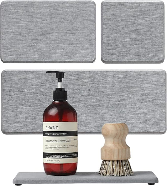 3PCS Bathroom Sink Vanity Trays, Quick Stone Drying Mat Dish Soap Dispenser Sponge Holder for Kitchen Counter, Diatomaceous Earth Water Absorbing Caddy Organizer, Light Grey-NeatNest