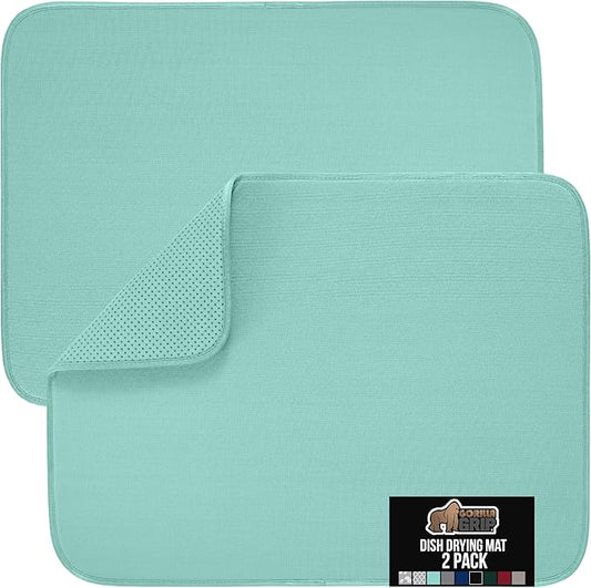GORILLA GRIP Ultra Water Absorbent Microfiber Dish Drying Mat, Quick Dry Thick Mesh, Slip Resistant Pad for Sink Dishes or Under Rack, Kitchen Counter Accessories, 16x18, Machine Wash, 2 Pack Mint