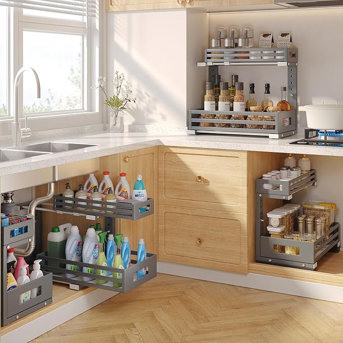 2-Pack Under Sink Organizers and Storage,2-Tier L Shape Pull Out Cabinet Organizer With Round Tube Slide Rails,Hight Adjustable Slide Out Drawers for Kitchen&Bathroom,Multi-Purpose Storage Shelf-Gray-NeatNest