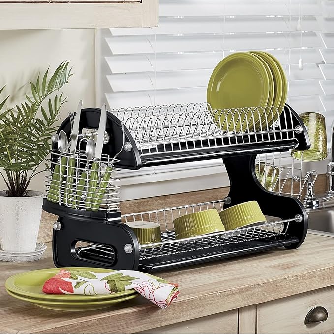 Montgomery Ward Retro 2-Tier Dish Rack, Space-Saving Design, Durable Plastic and Chrome-Plated Wire, Easy Assembly (Black)