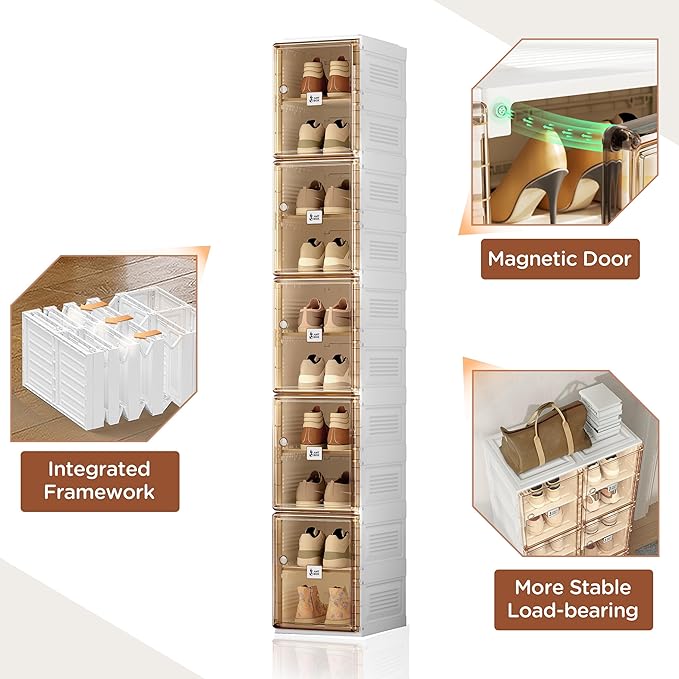 ANTBOX Shoe Organizer Storage Box, Portable Folding Shoe Rack For Closet With Magnetic Clear Door,Large Sneaker Cabinet Bins Sturdy Easy Assembly 10 Layers-10 Grids-NeatNest