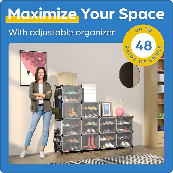 Shoe Organizer Cabinet Up to 48 Pairs, Shoe Closet-Covered Shoe Rack with See-Through Door (Clear, Plastic, Stackable) Cubby Portable Shoe Organizer with Covers, Hooks & Pockets, Black-NeatNest
