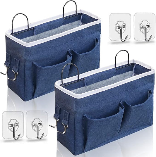 2pcs Middle Wall Hanging Organizer Bag, Linen Fabric Door Hanging Storage Basket with Pockets, Waterproof Bin for Kitchen, Bedroom, Office, RV Camper (Blue)-NeatNest