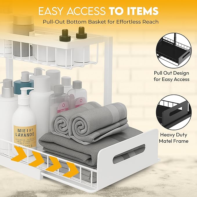 Under Sink Organizer Rack – 2-Tier Pull-Out Storage Shelf for Kitchen & Bathroom Cabinets – Space-Saving L-Shaped Metal Organizer with Sliding Baskets (White, 1-Pack)-NeatNest