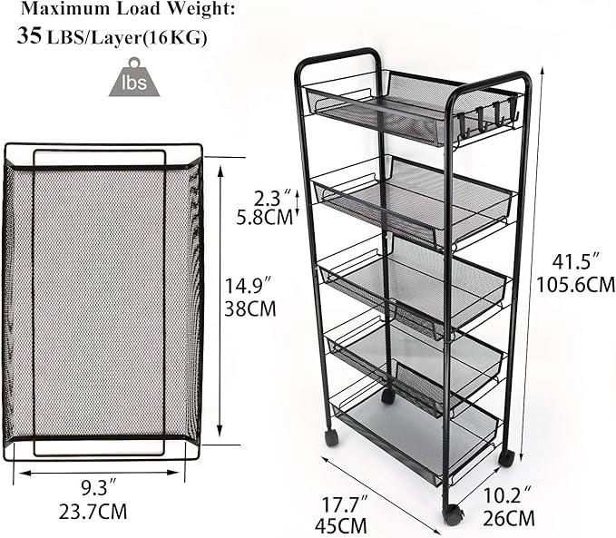 JANE EYRE 5-Tier Rolling Utility Storage Rack Cart on Wheels, Trolley Craft cart, Multi-Purpose Organizer Shelf, Black-NeatNest