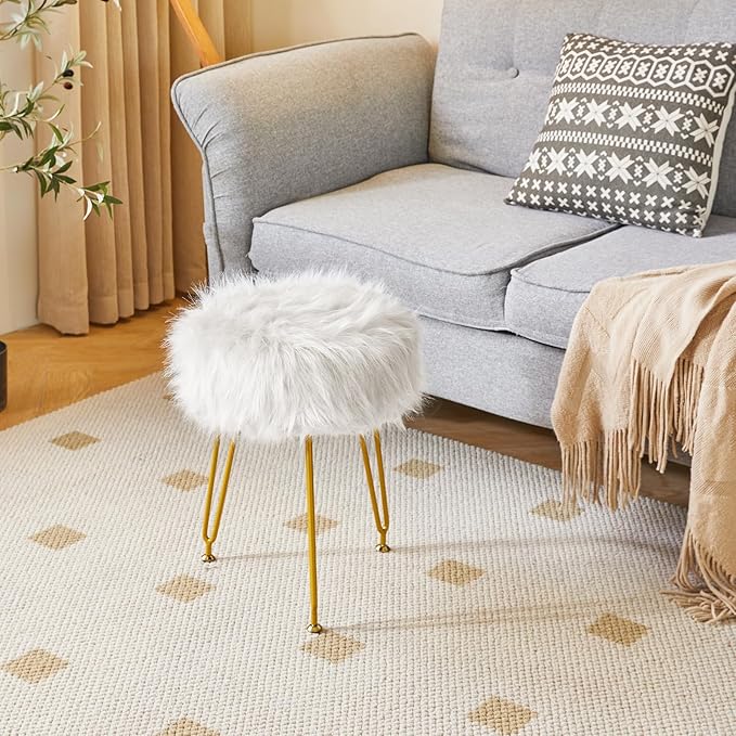 IBUYKE Faux Fur Vanity Stool Chair, Furry Makeup Stool Ottoman, Soft Padded Seat, Round Footrest Footstools with 4 Metal Legs, for Living Room Bedroom Entryway, White LG-32W