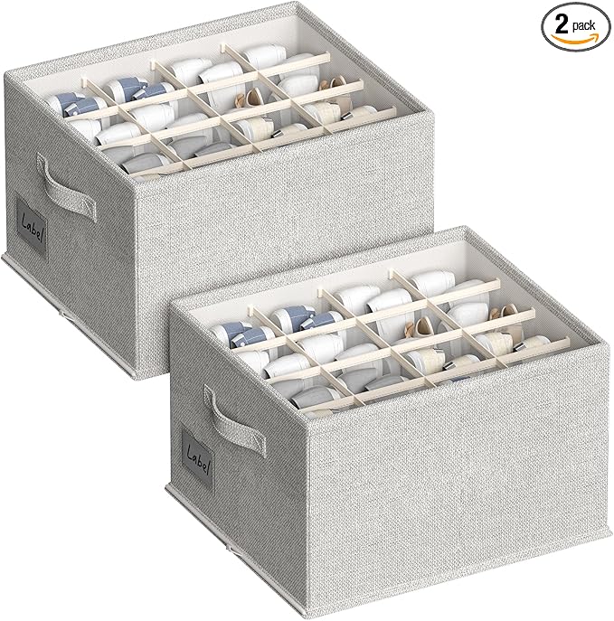 2 Pack Shoe Organizer For Closet, Fits 16-32 Pairs Fabric Shoe Storage Bins Large Shoe Box Storage Containers with Bottom Support For Shoes Space Saving Shoes Holder (Light Grey)-NeatNest