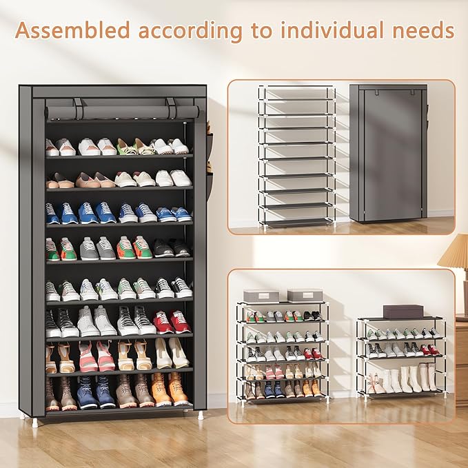 Laiensia 9-Tier Vertical Shoe Rack Organizer, Space Saving Shoe Storage Organizer, Non-Woven Cover Shoe Shelf Holds 36-45Pairs for Bedroom, Hallway, Closet Entryway, Grey-NeatNest