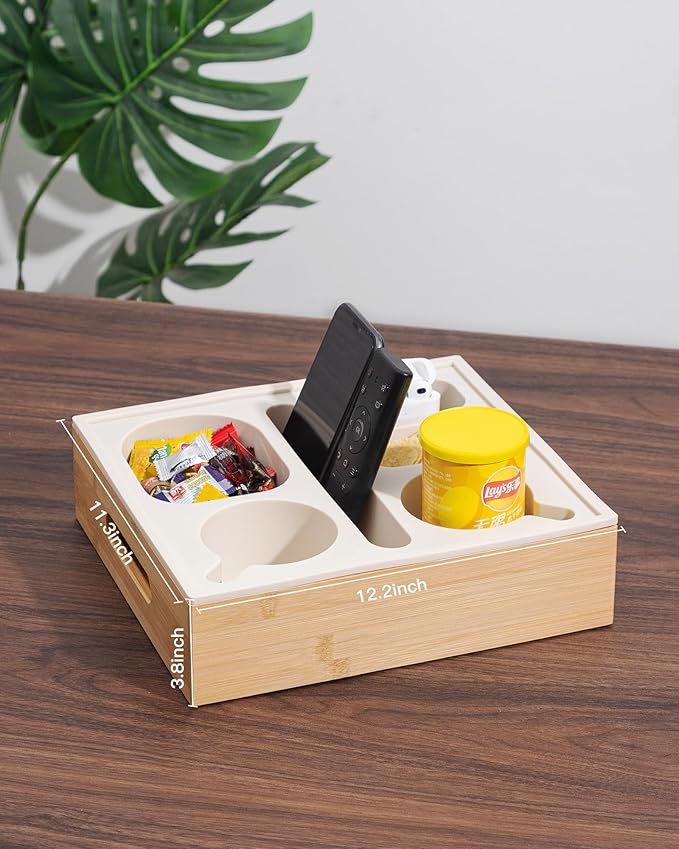Couch Cup Holder with Lid, Silicone Bed Caddy with Cup Holder, Bed Organizer for Drinks, Snacks, Remotes, Bamboo Couch Caddy for Sofa, Bed and Car(Beige)-NeatNest