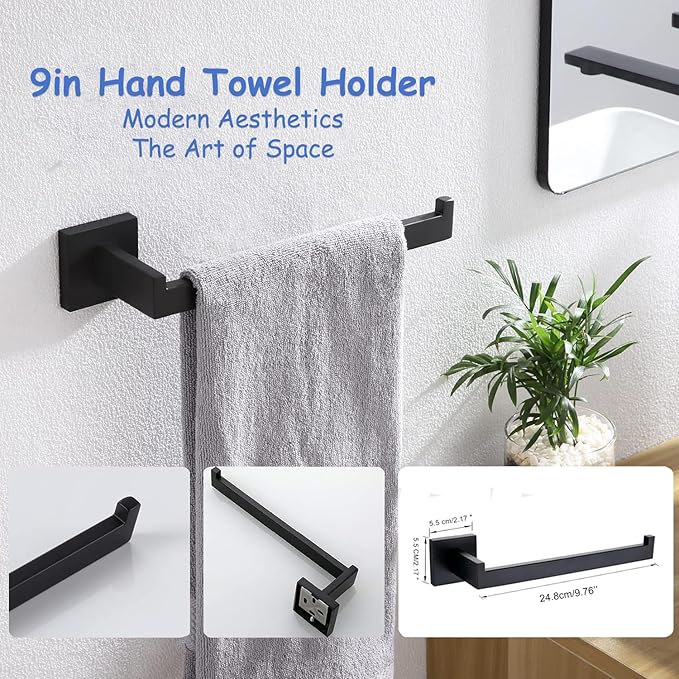 10-Pieces Towel Bar Set Matte Black Bathroom Hardware Set SUS304 Bathroom Accessories Set Includes 2 Towel Bar 24 in+2 Towel Holder+2Toilet Paper Holder+4 Towel Hooks(10, Matte Black, 24 Inch)