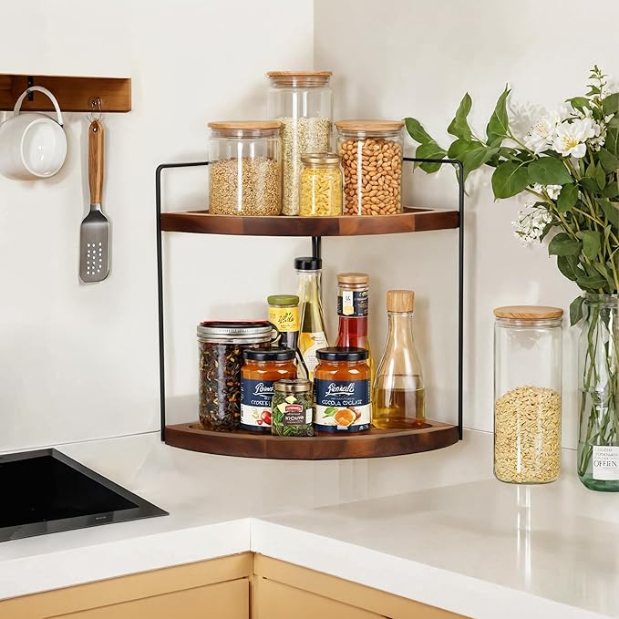 Bathroom Corner Counter Organizer 13.2x9.9 inch, 2 Tier Acacia Wood Organizer Countertop, Corner Storage Shelf Standing Rack, Cosmetic Vanity Tray Kitchen Spice Rack, Bathroom Storage Décor-NeatNest