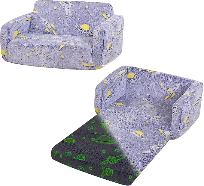 Foldable Kids Sofa,Soft Kids Fold Out Couch Glow in The Dark,Convertible Sofa to Lounger Toddler Sofa Chair(Space-NeatNest