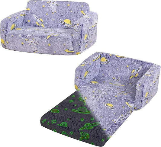 Foldable Kids Sofa,Soft Kids Fold Out Couch Glow in The Dark,Convertible Sofa to Lounger Toddler Sofa Chair(Space-NeatNest
