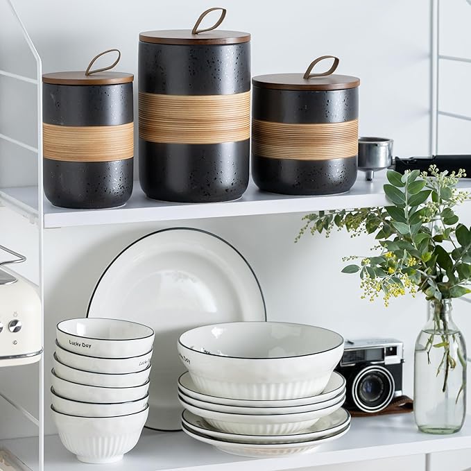 Ceramic Jar with Lid, Coffee Container Kitchen Food Storage Jars for Spice Sugar Tea Bag, Stackable Decorative Jars for Countertop, Black & 18oz-NeatNest