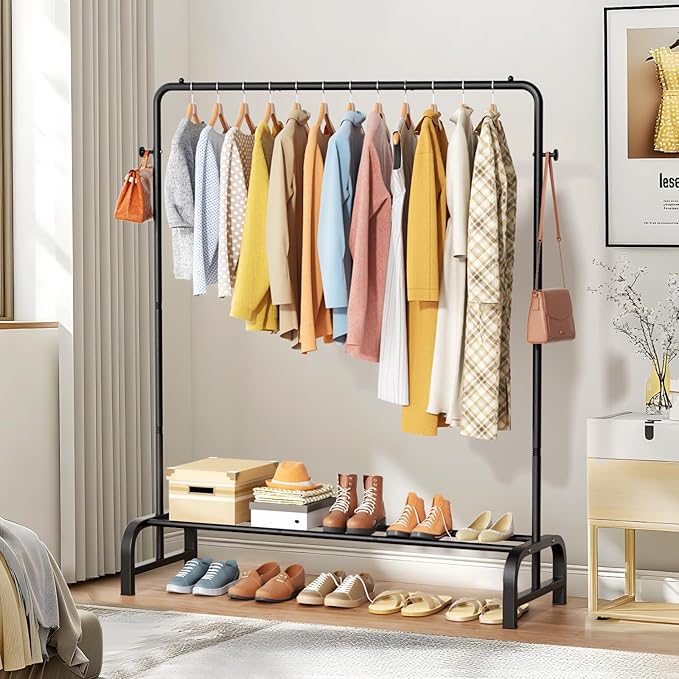 Clothes Rack With Storage Shelves: Metal Clothing Rack for Hanging Clothes, Garment Rack for Bedroom, Laundry, Living Room, Black-NeatNest