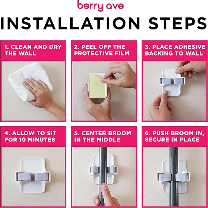 Combo 5 Slot Broom Holder w/ 1 Self Adhesive Mop Gripper No-Drilling, Wall Mount Tool Organizers For Kitchen, Garage, Laundry Room- Anti-Slip Hanger For Brooms, Mops, Rakes, Dustpans (Grey / White)-NeatNest