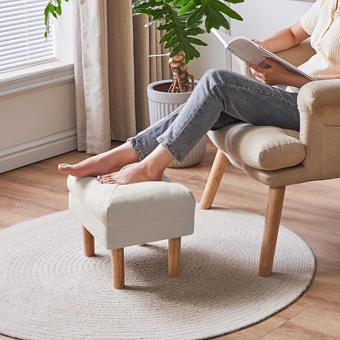 YMYNY 15.75" Small Footstool Ottoman, Footrest with Sponge Padded Seat, Step Stool for Sofa, Bedroom, Living Room, Entryway, Modern Change Shoes Stool, Wood Legs, Beige, UHBD023M