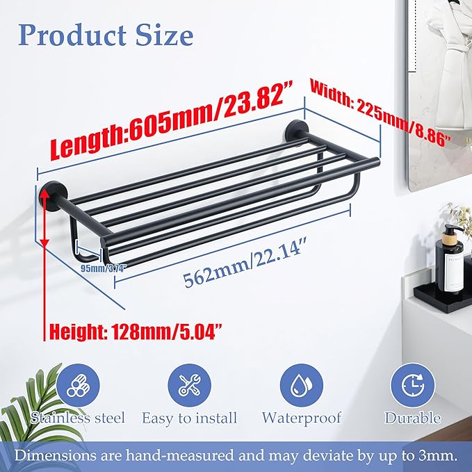 Alise Towel Rack,Towel Holder Towel Shelf with Double Towel Bars for Bathroom Lavatory,24-Inch SUS 304 Stainless Steel Wall Mount Towel Hanger Storage,Matte Black GYT7060-B