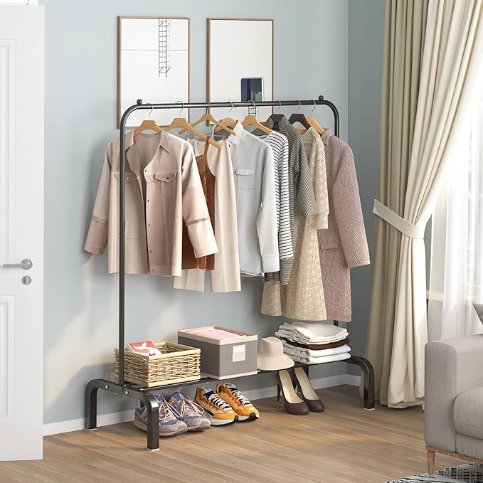 Clothes Rack Metal Clothing Rack with Bottom Shelf Garment Rack for Hanging Clothes Shirts Jeans and Coats Black-NeatNest